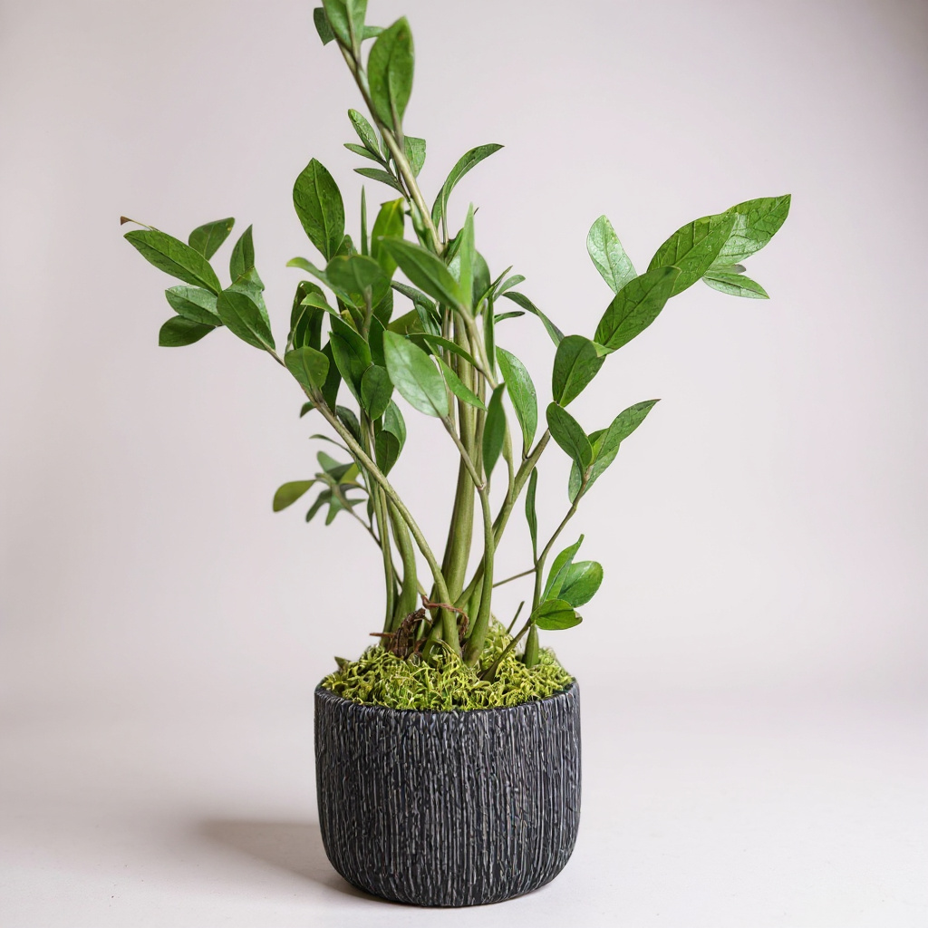 Zamioculca em vaso de cerâmica preta